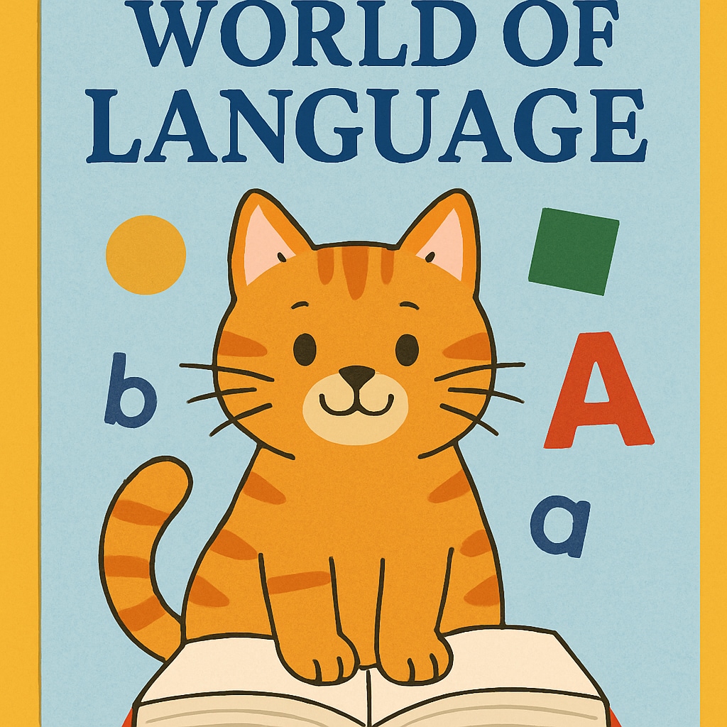 A vintage World of Language textbook with cat cover, symbolizing elementary language teaching.