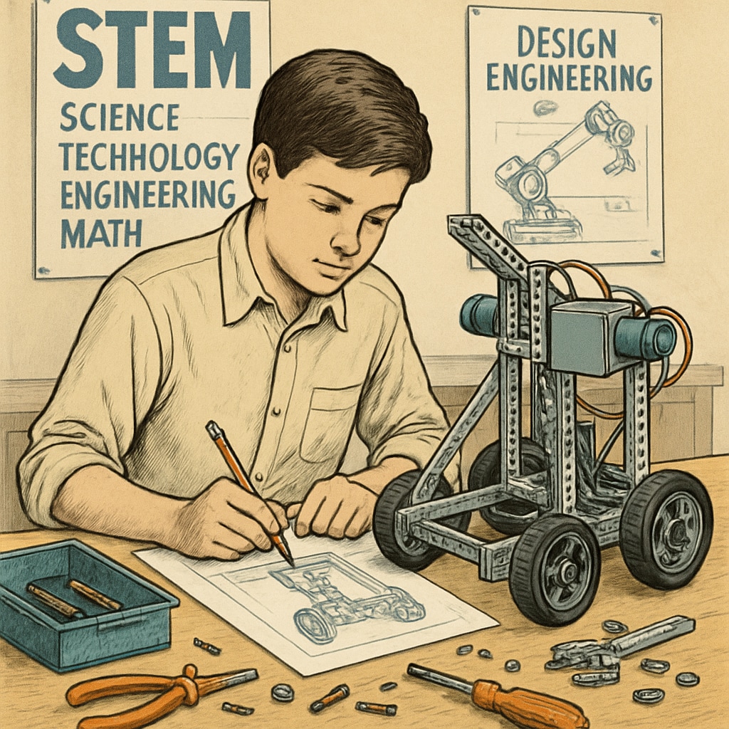 A high school student working on a robotics project, symbolizing STEM preparation for design engineering careers. High school student working on a robotics project for future design engineering success.