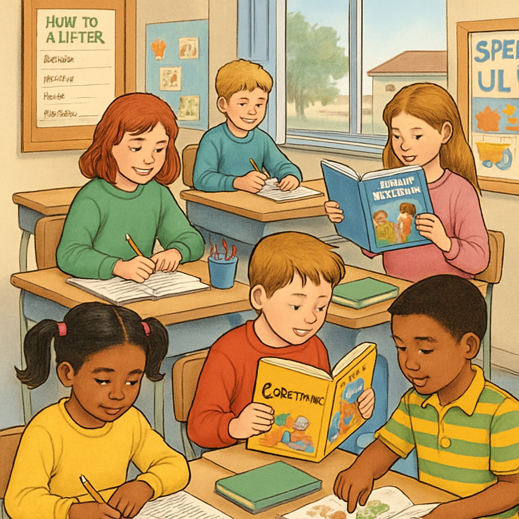 A classroom setting from the 1990s with children working on activities from the 1990s classroom with students using