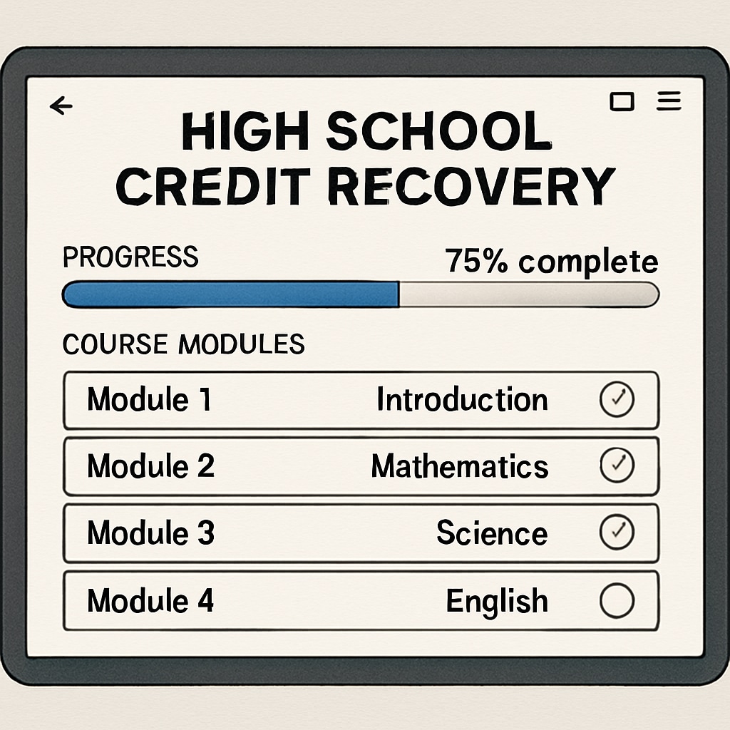 An online learning platform screen showing progress in a high school credit recovery course. Credit recovery course for high school students with ADHD on an online platform.