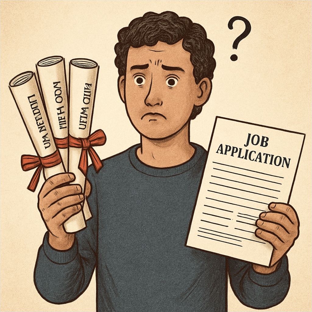 A person looking confused while holding university diplomas and a job application, symbolizing the paradox of education. A confused individual holding diplomas and a job application, representing the paradox of education.