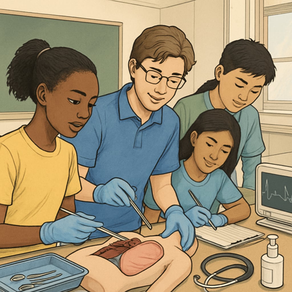 A diverse group of students engaging in a hands-on medical workshop, symbolizing the importance of early exposure to medical careers. Students participating in a medical workshop, exploring career paths in healthcare.