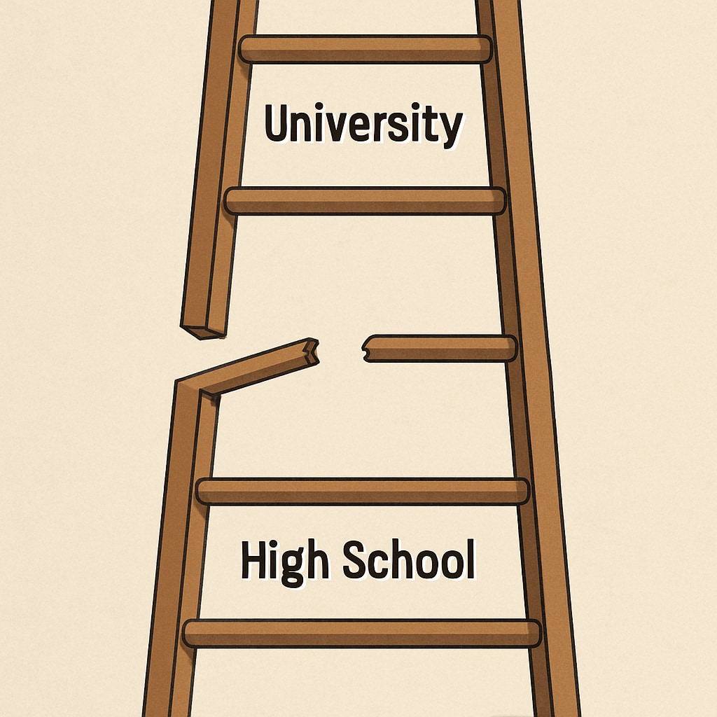 A conceptual image of a broken ladder, with rungs labeled A broken ladder with rungs labeled