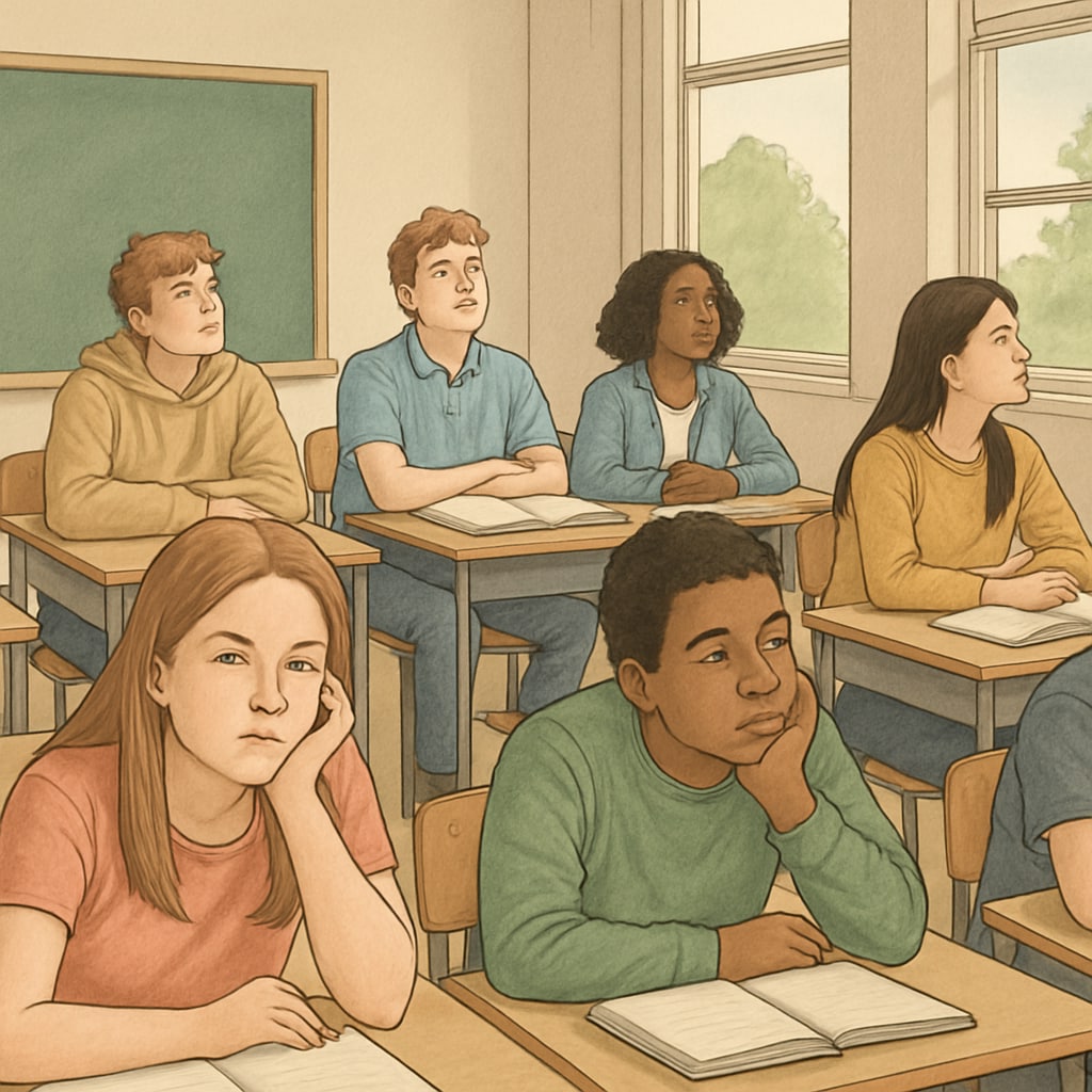 A group of high-school students sitting in a classroom, some appearing disengaged while others look out the window. High-school students sitting in a classroom, visibly bored, reflecting student disengagement.