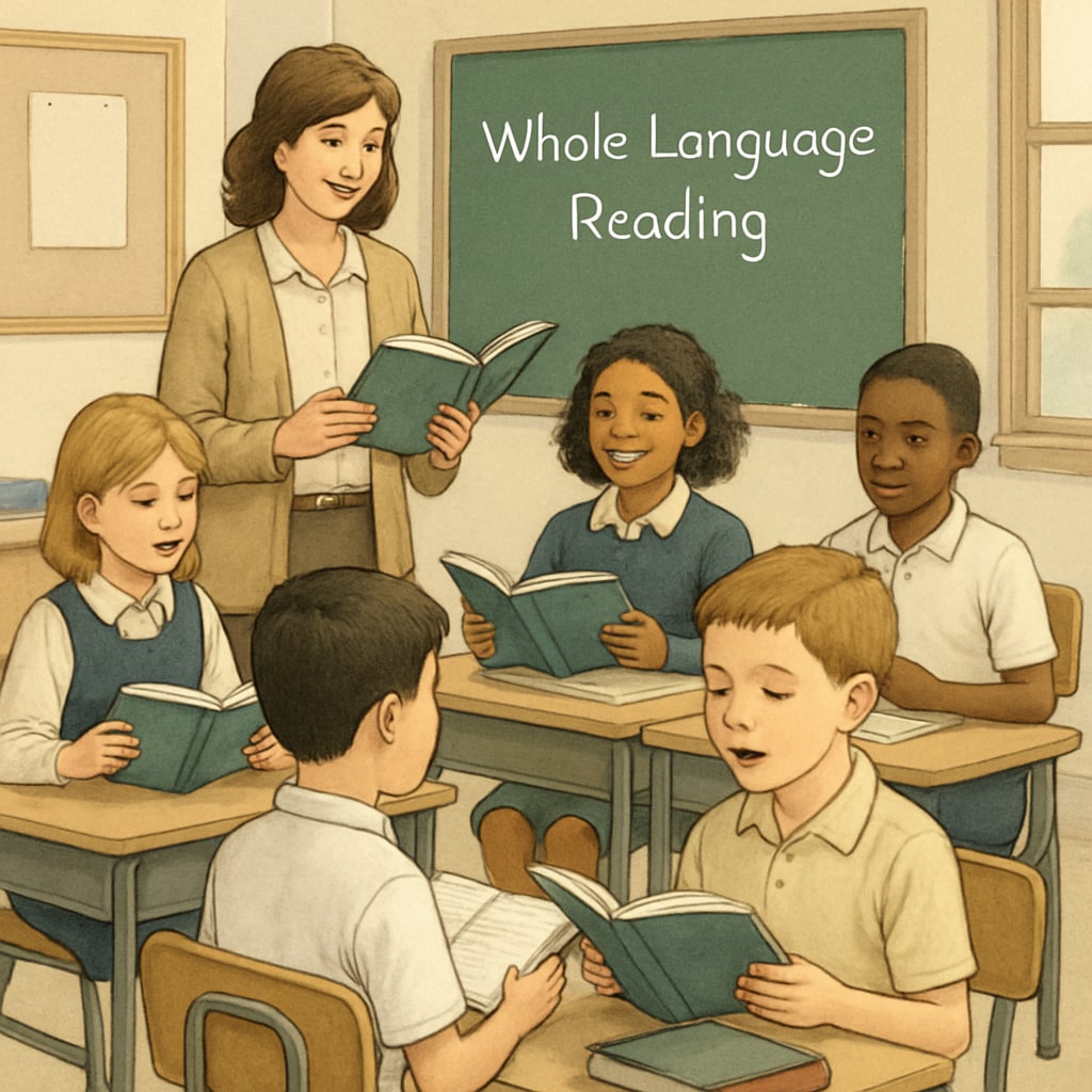 A classroom with students engaging in a Whole Language reading activity, such as group storytelling or reading aloud. Whole Language classroom activity with students reading together.