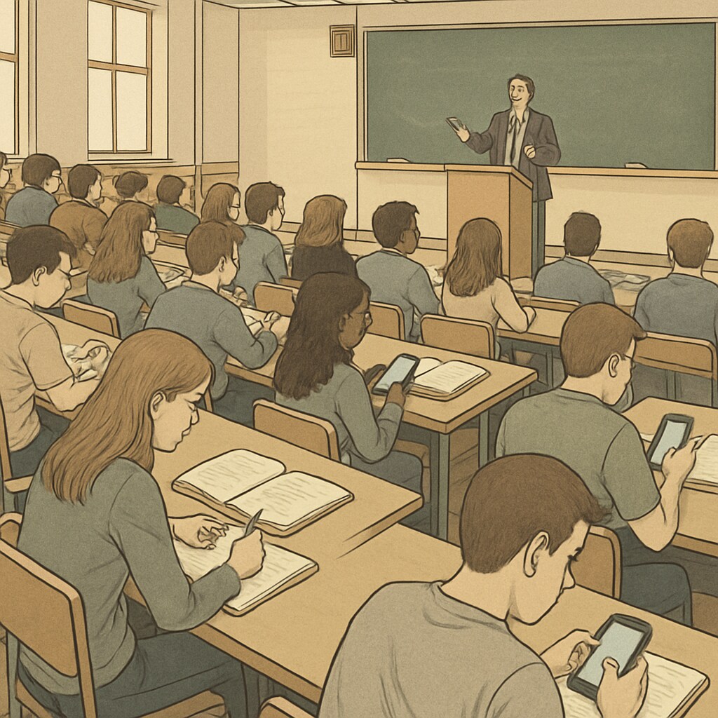University students in a lecture hall, some taking notes while others appear distracted or staring at their phones. University students in a lecture hall, some engaged and others distracted, representing classroom boredom.