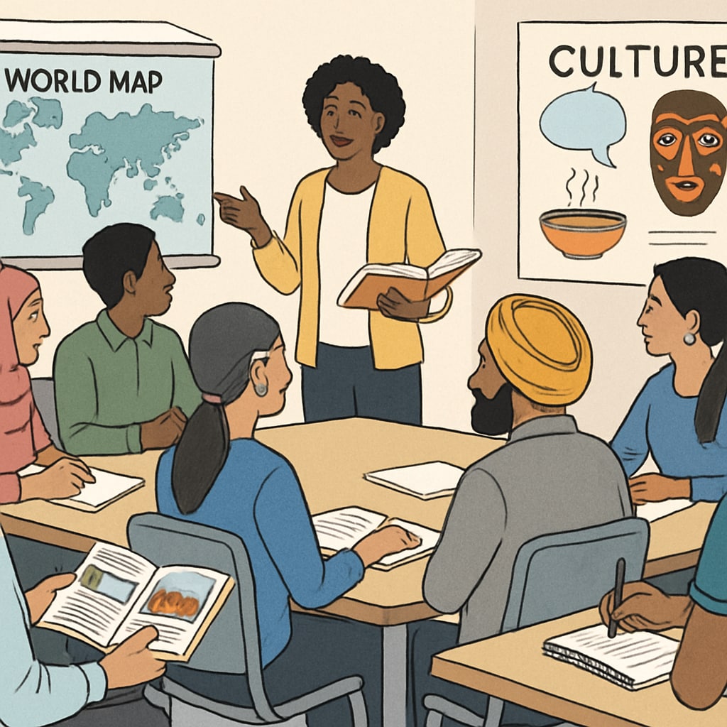 A community classroom with adult students from diverse backgrounds engaging in a cultural education workshop. Adult education class with diverse students discussing cultural adaptation.