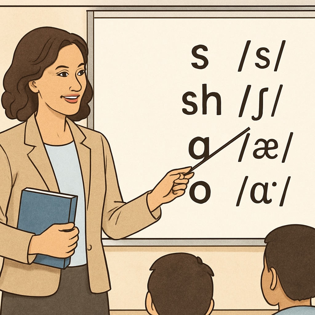 A teacher demonstrating Phonics techniques, pointing at a whiteboard with letters and sounds. Teacher explaining Phonics methods for reading instruction.