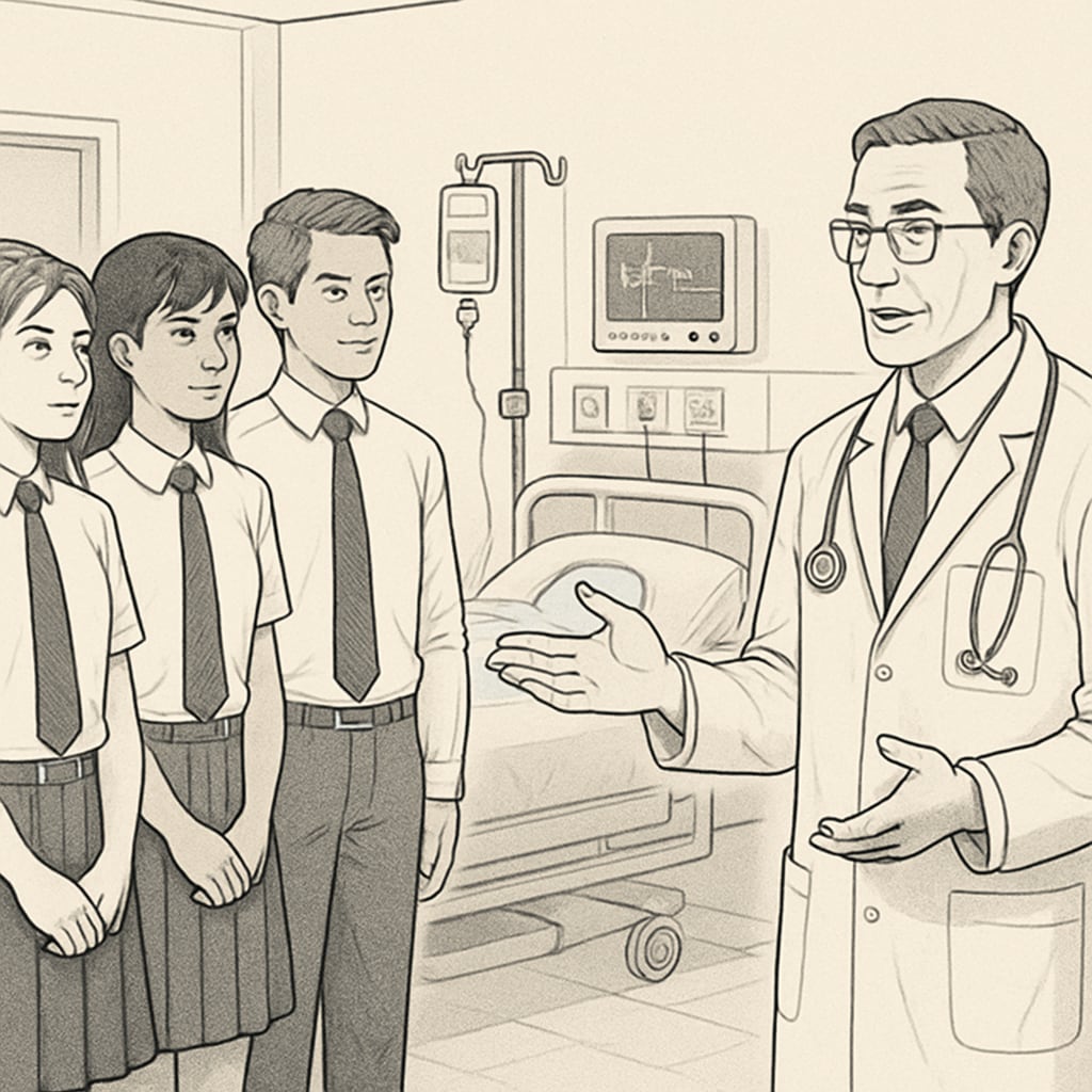 A group of high school students observing a doctor during a hospital round, showcasing the real-world application of doctor shadowing programs. Students observing a doctor during hospital rounds, part of a school shadowing project.