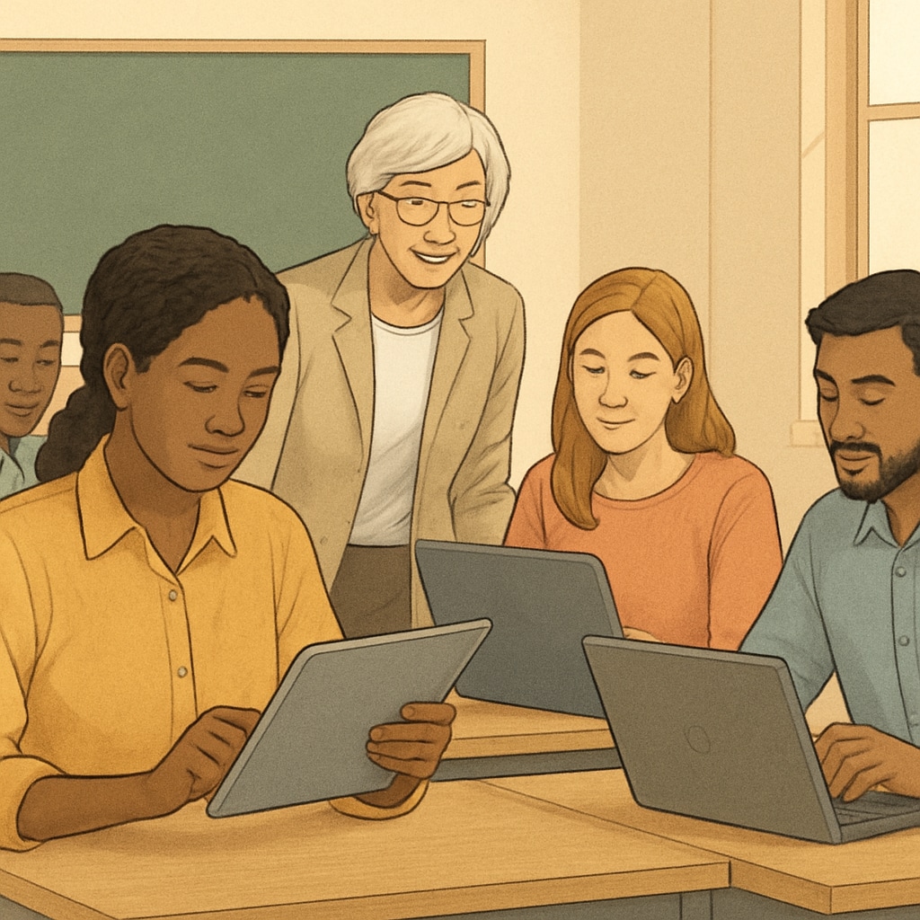 A group of immigrants participating in a digital literacy class, using tablets and laptops to learn. Immigrants learning digital skills in an adult education program.
