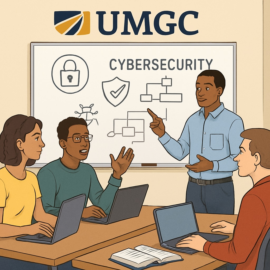 A classroom setting with students actively engaging in cybersecurity discussions, representing the educational environment at UMGC. University classroom teaching cybersecurity concepts as part of education choices.