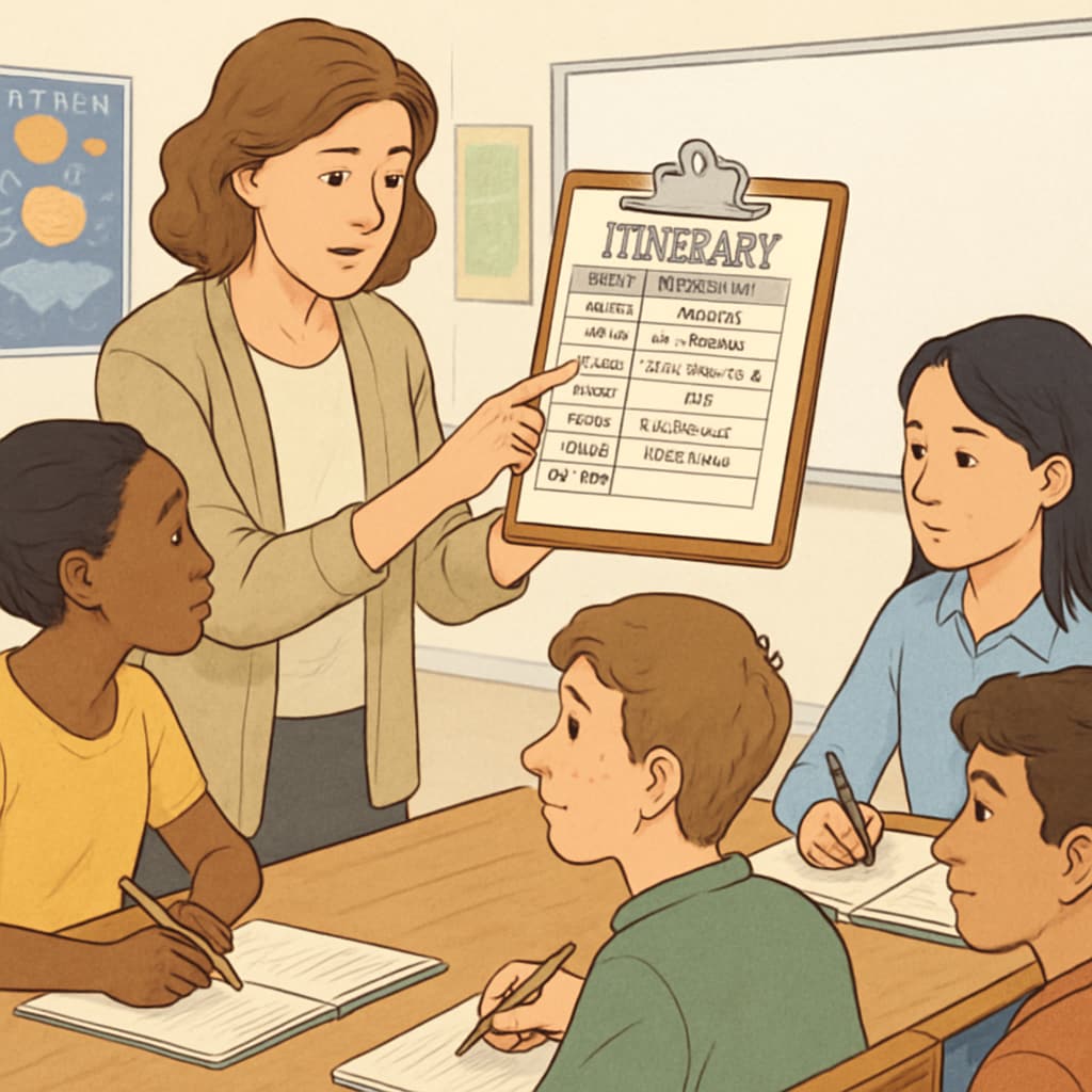 A teacher and a group of students reviewing a structured itinerary for a doctor shadowing program, emphasizing the importance of preparation. Teacher and students reviewing an itinerary for a doctor shadowing initiative.