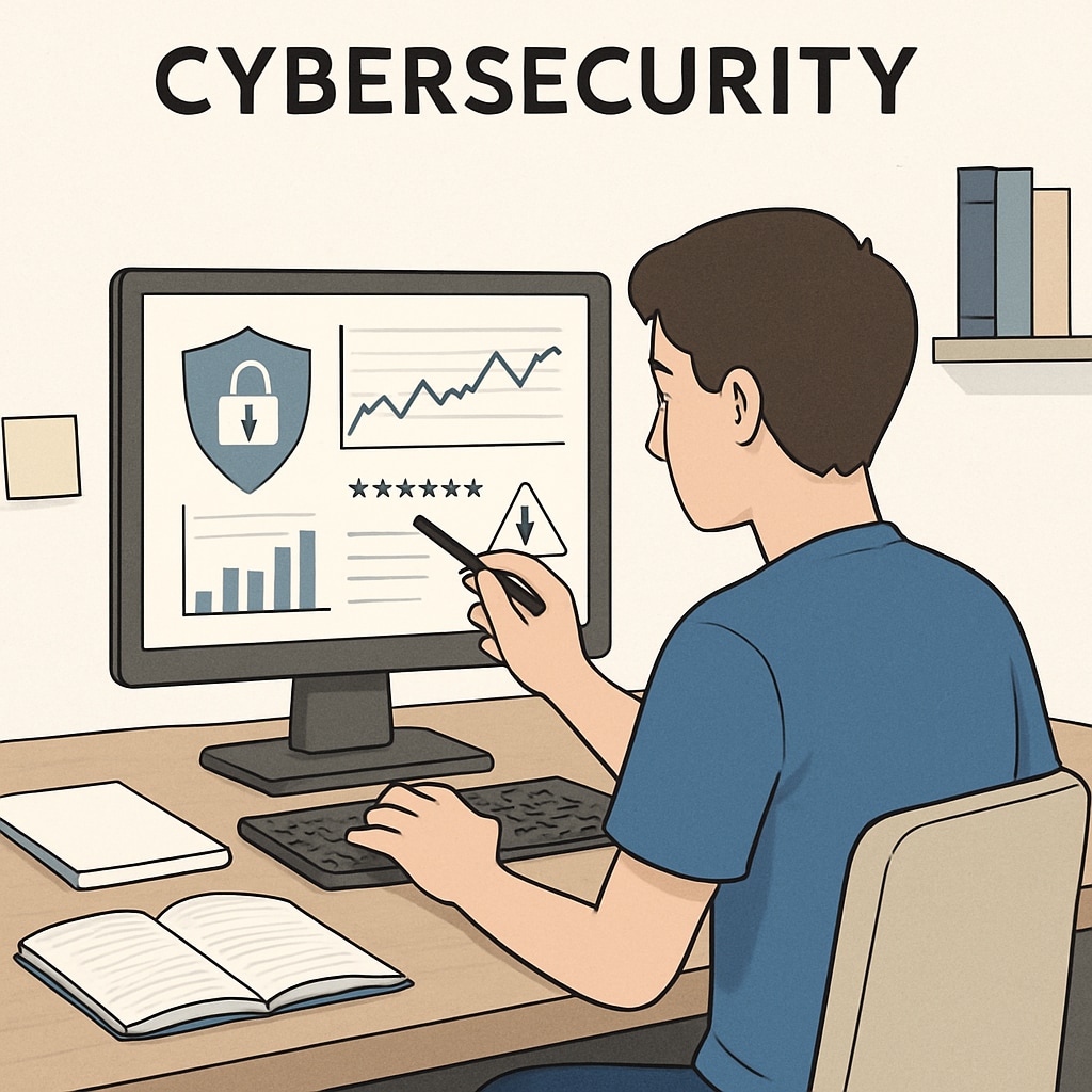A focused shot of a student analyzing cybersecurity data on a computer screen, emphasizing hands-on learning. Hands-on cybersecurity training in a university setting.