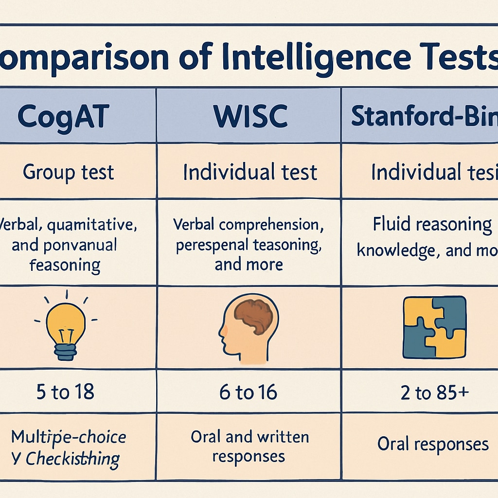 A comparison chart visually summarizing the key features and differences between CogAT, WISC, and Stanford-Binet intelligence tests. A chart comparing CogAT, WISC, and Stanford-Binet intelligence testing standards.