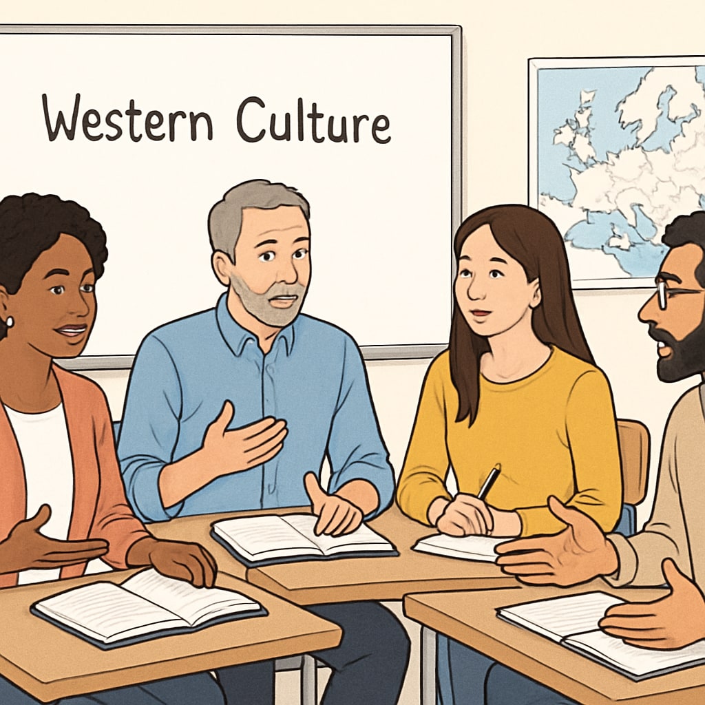 A diverse group of adult students engaging in a classroom discussion about Western culture. Adult students discussing Western culture in a classroom setting, highlighting adult education, cultural adaptation, and foundational knowledge.