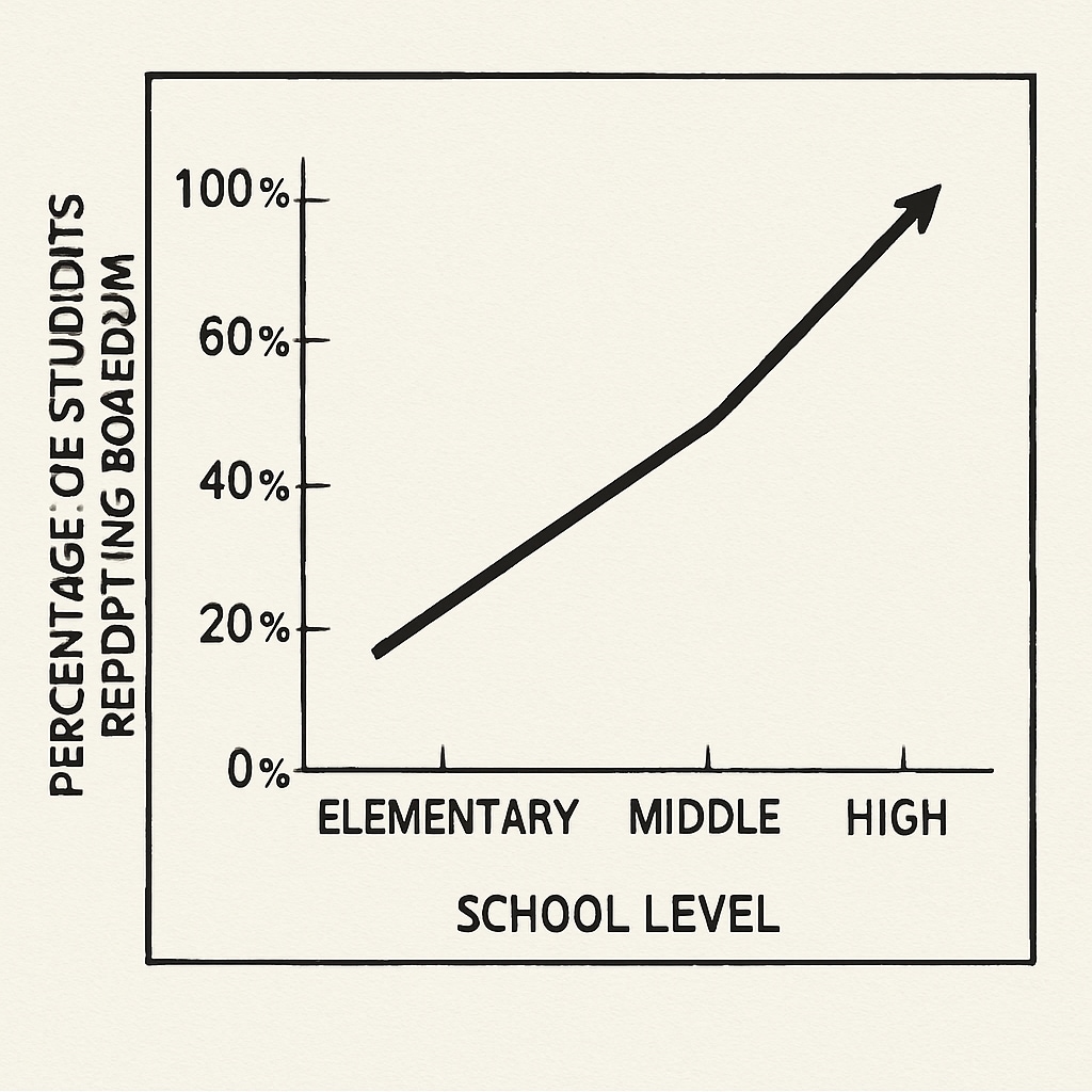 A line graph illustrating the percentage of students reporting boredom across elementary, middle, and high school levels. Graph showing trends in student boredom across different grade levels.
