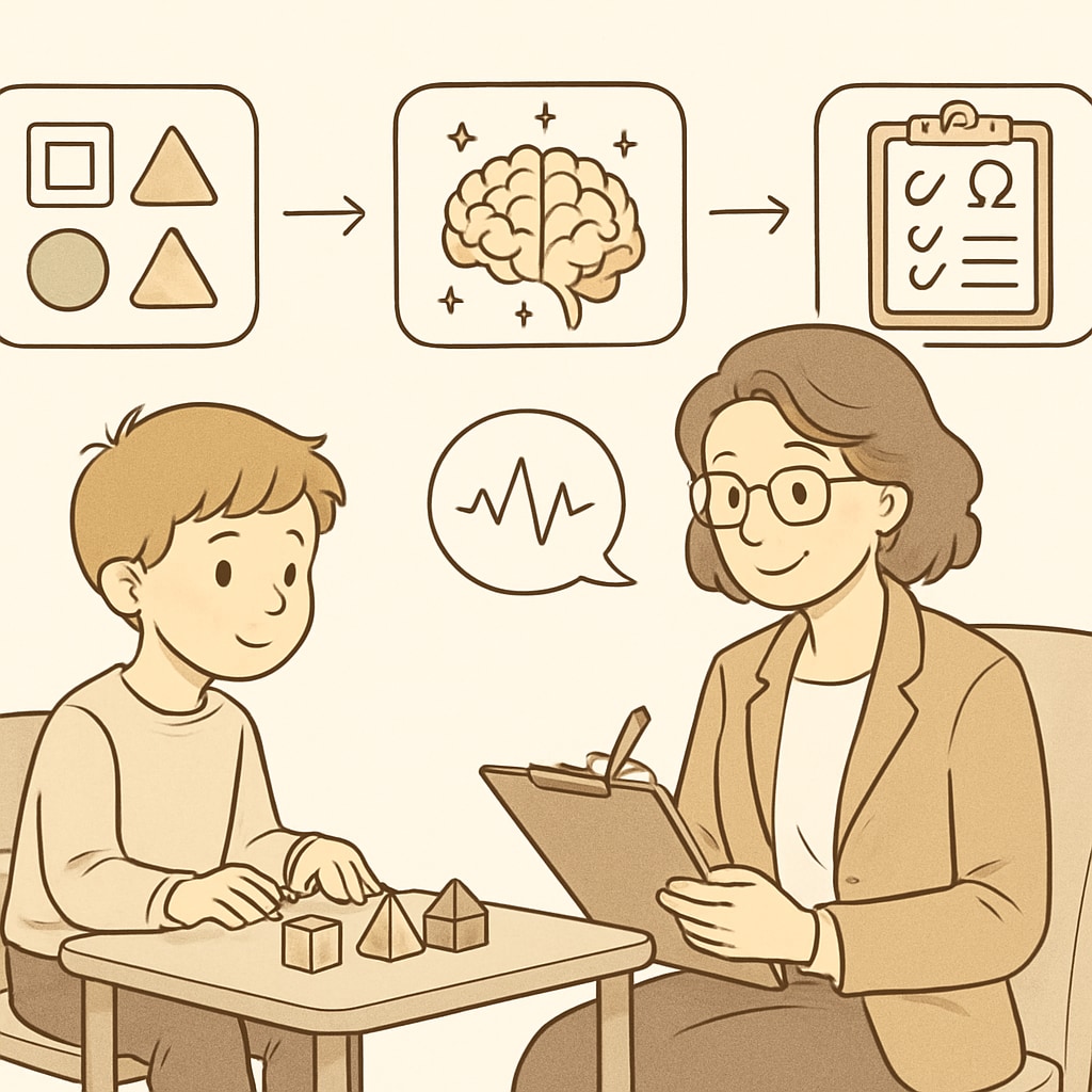 A psychologist administering an intelligence test to a child in a clinical setting, showcasing the process of cognitive evaluation. A psychologist and a child during an intelligence testing session.