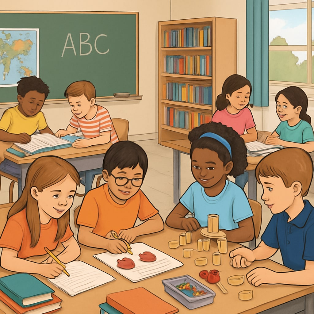 K-12 students engaged in collaborative learning activities, demonstrating diverse engagement.