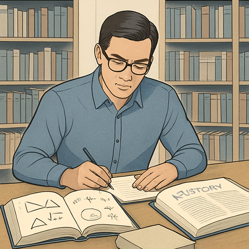 An adult student studying in a library with a focus on foundational subjects like math and history. An adult learner studying foundational knowledge in a library, emphasizing adult education and cultural adaptation.