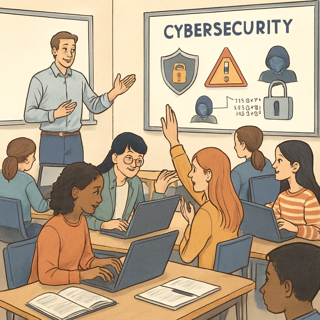 A group of students attending a cybersecurity workshop, symbolizing career preparation through university programs. Students learning cybersecurity concepts at a university workshop, emphasizing career preparation.
