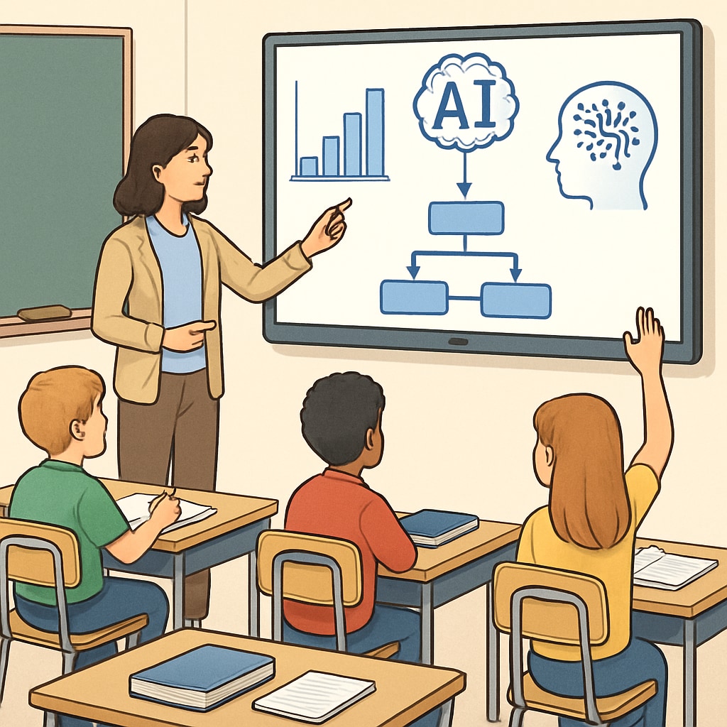 A classroom showing a teacher using AI-powered interactive tools to engage students, symbolizing the integration of AI into education. AI-powered tools in a classroom for personalized learning in K12 education