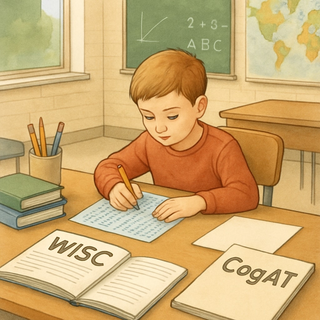 A child taking an intelligence test in a school setting, showcasing tools like WISC or CogAT. Gifted children taking intelligence tests like WISC or CogAT.