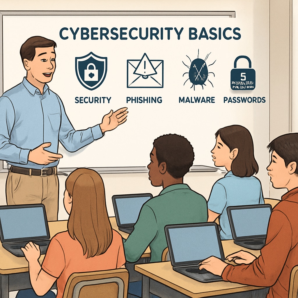 An instructor teaching a group of high school students about cybersecurity basics on laptops. High school students learning cybersecurity basics from an instructor, highlighting K12 education.