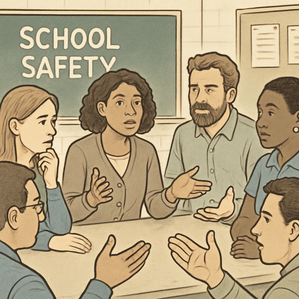 A group of parents and community members discussing school safety policies, showing concern and collaboration. Parents and community members advocating for student safety in schools