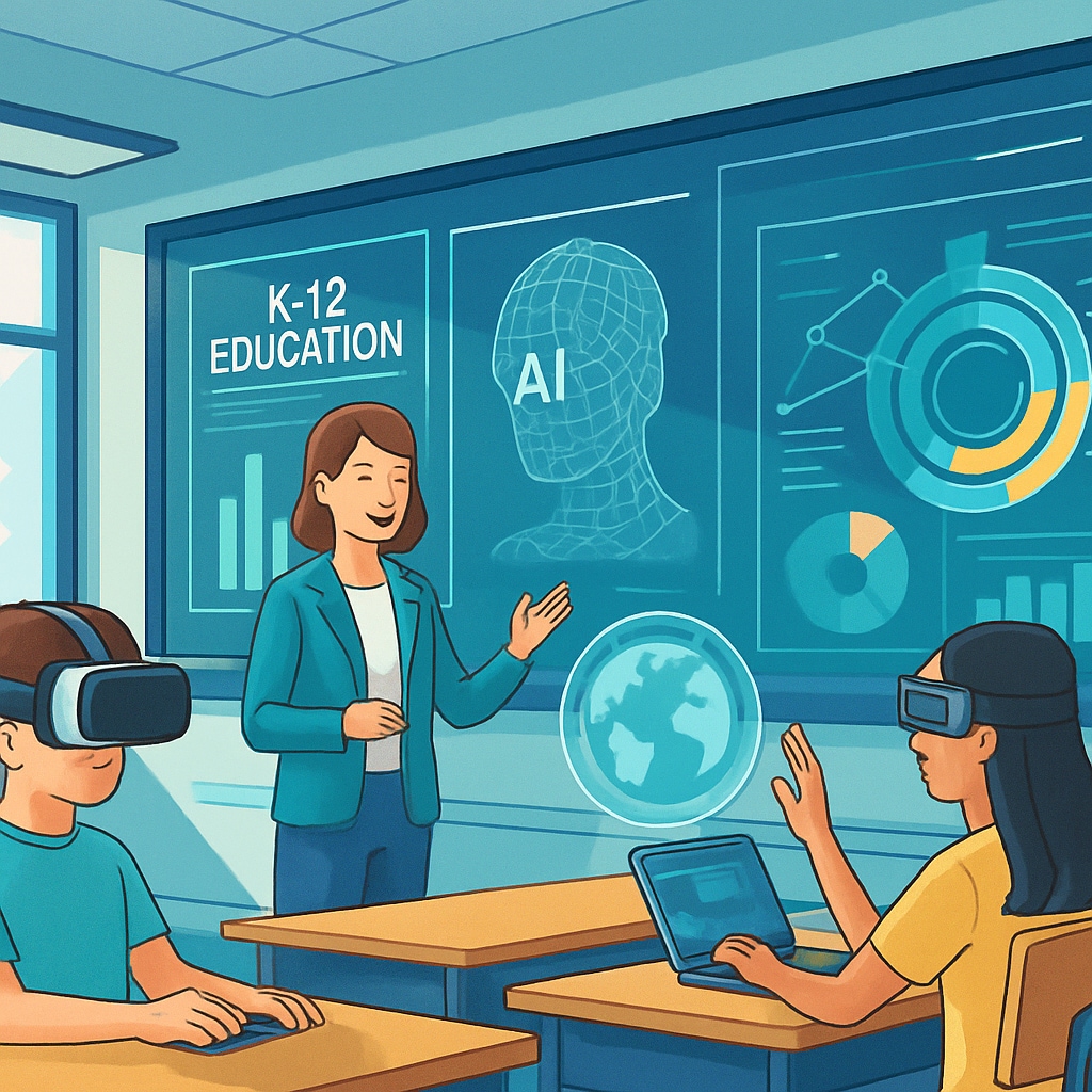 A futuristic classroom with AR/VR tools and AI-driven analytics displayed on screens, representing the future of K12 education. Futuristic AI and AR/VR tools in K12 education by 2030