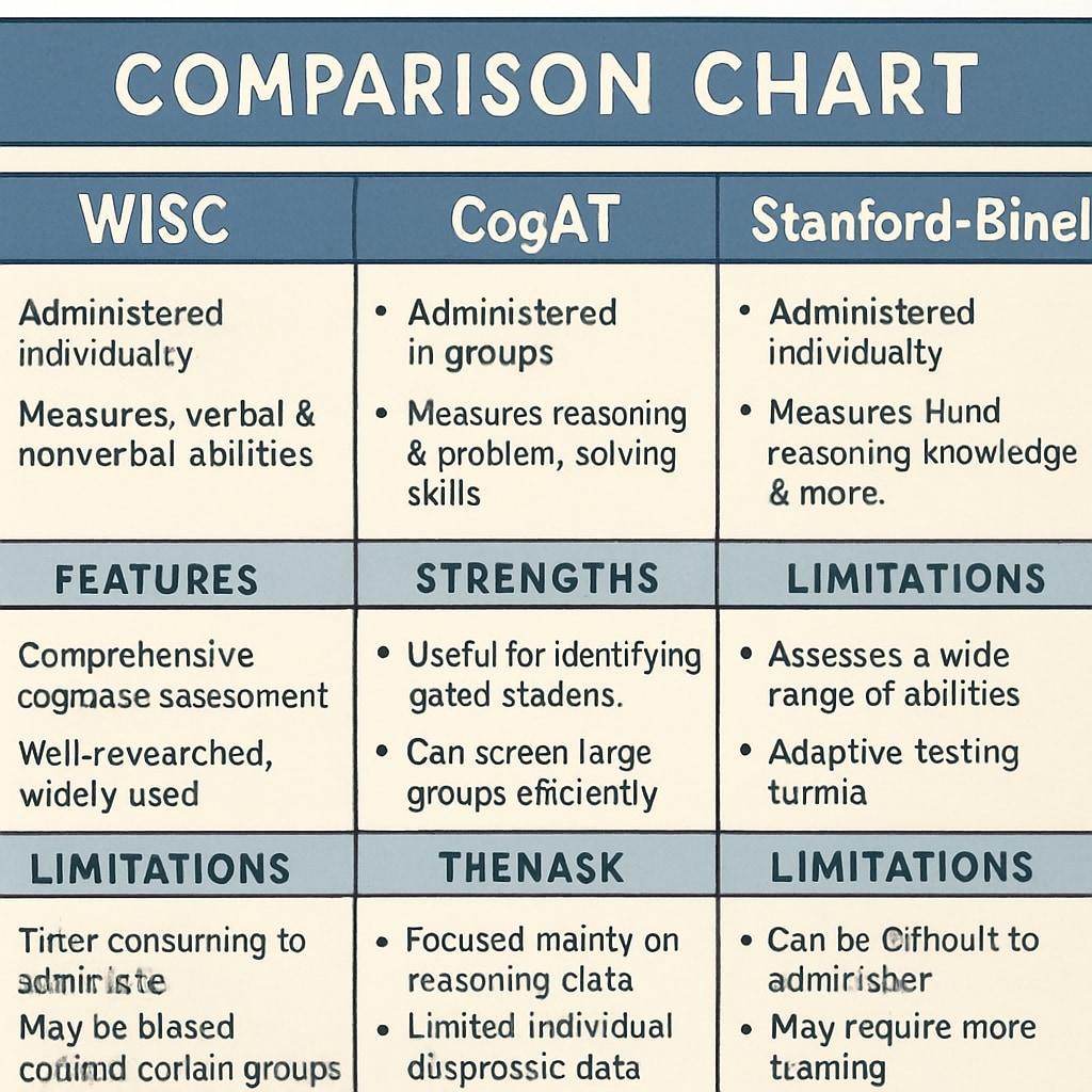 A detailed chart comparing WISC, CogAT, and Stanford-Binet in terms of features, strengths, and limitations. Comparative chart of intelligence tests for gifted children.