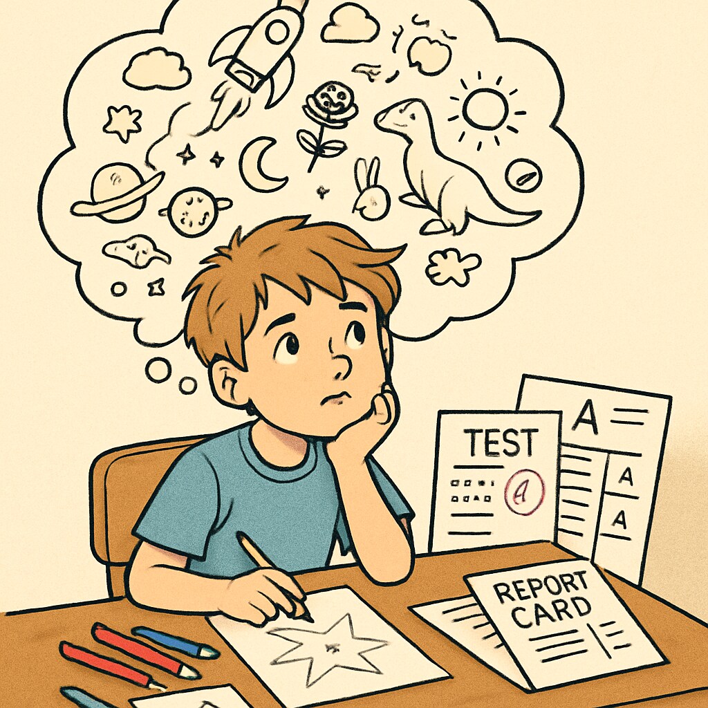 A young student with ADHD working creatively, illustrating the disconnect between innate potential and traditional assessments. ADHD student working creatively, highlighting the mismatch between abilities and standardized testing.