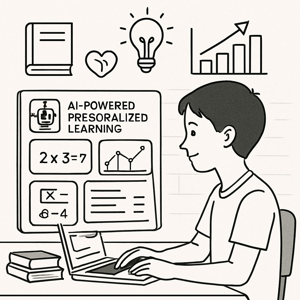 A depiction of a student engaging with an AI-powered personalized learning platform, showcasing tailored content and progress tracking. Student using AI-powered personalized learning platform in education
