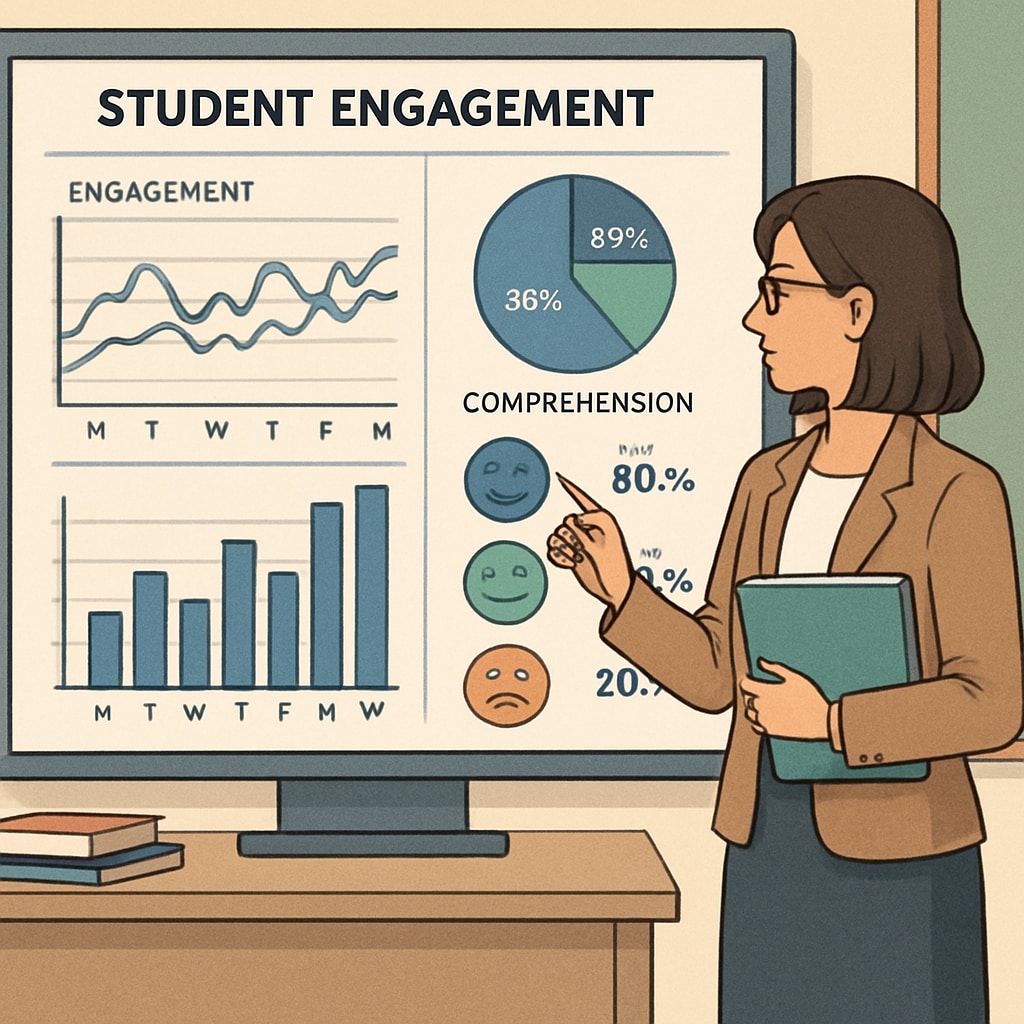 A teacher reviewing a dashboard showing real-time analytics of student engagement and comprehension. Teacher analyzing real-time tracking data to assess student comprehension and participation.