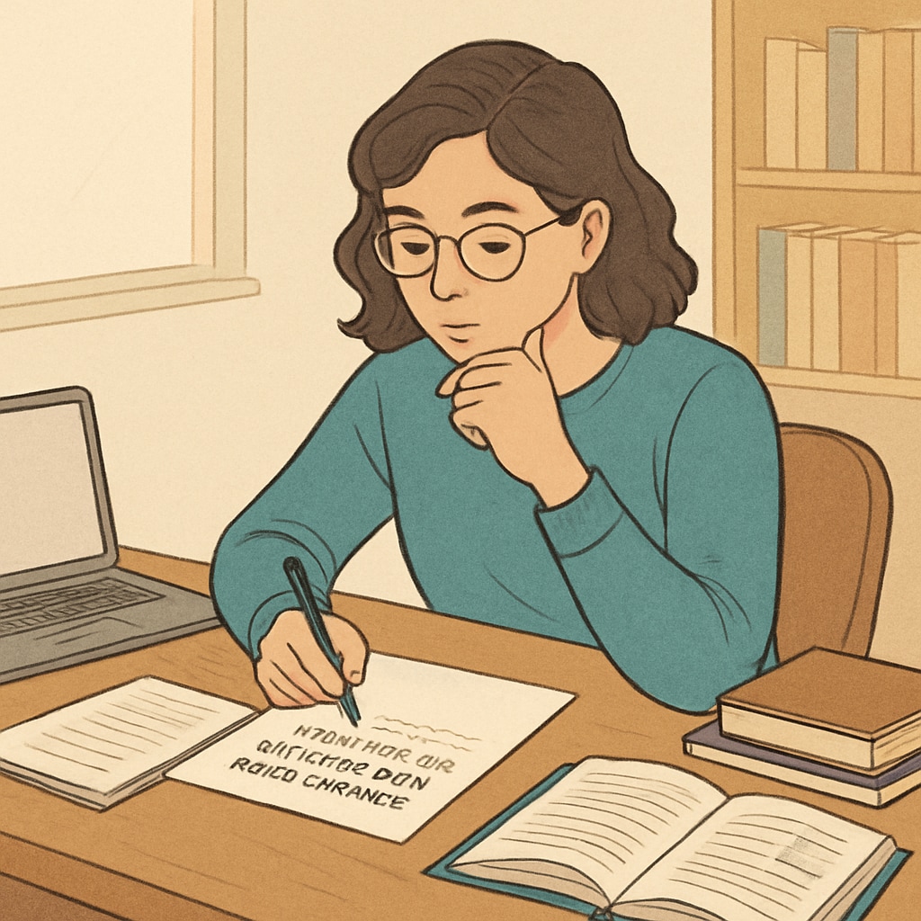 A graduate student preparing questions for an interview with a school counselor, sitting at a desk with notes and a laptop. The image emphasizes preparation and academic work. Graduate student preparing for an interview with a school counselor.