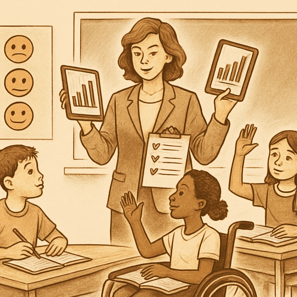 A teacher using dynamic assessment tools to evaluate students in a classroom setting, emphasizing inclusivity. Teacher using alternative assessment methods to identify diverse student talents.