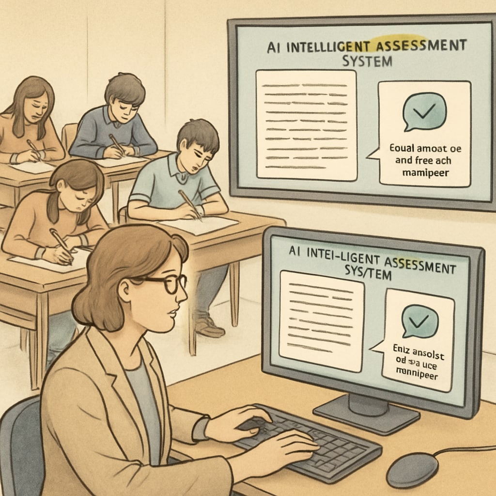 An example of an AI-powered intelligent assessment system analyzing student essays and providing feedback in a classroom setting. AI system evaluating essays in a classroom
