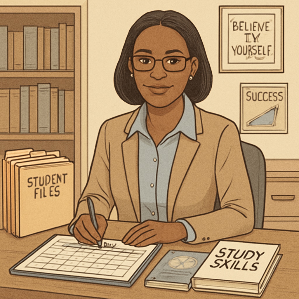 A busy school counselor working at their desk, surrounded by student files and a schedule planner. The image highlights the demanding nature of the counselor's role. School counselor managing a busy workload at their desk.