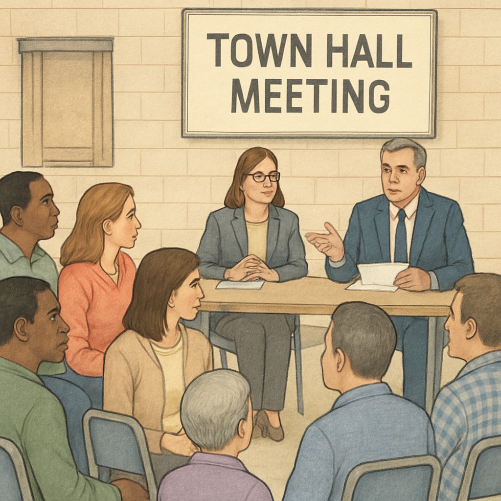 Concerned parents attending a town hall meeting to address issues of school governance and safety. Concerned parents discussing school board abuse history concerns in a public meeting.