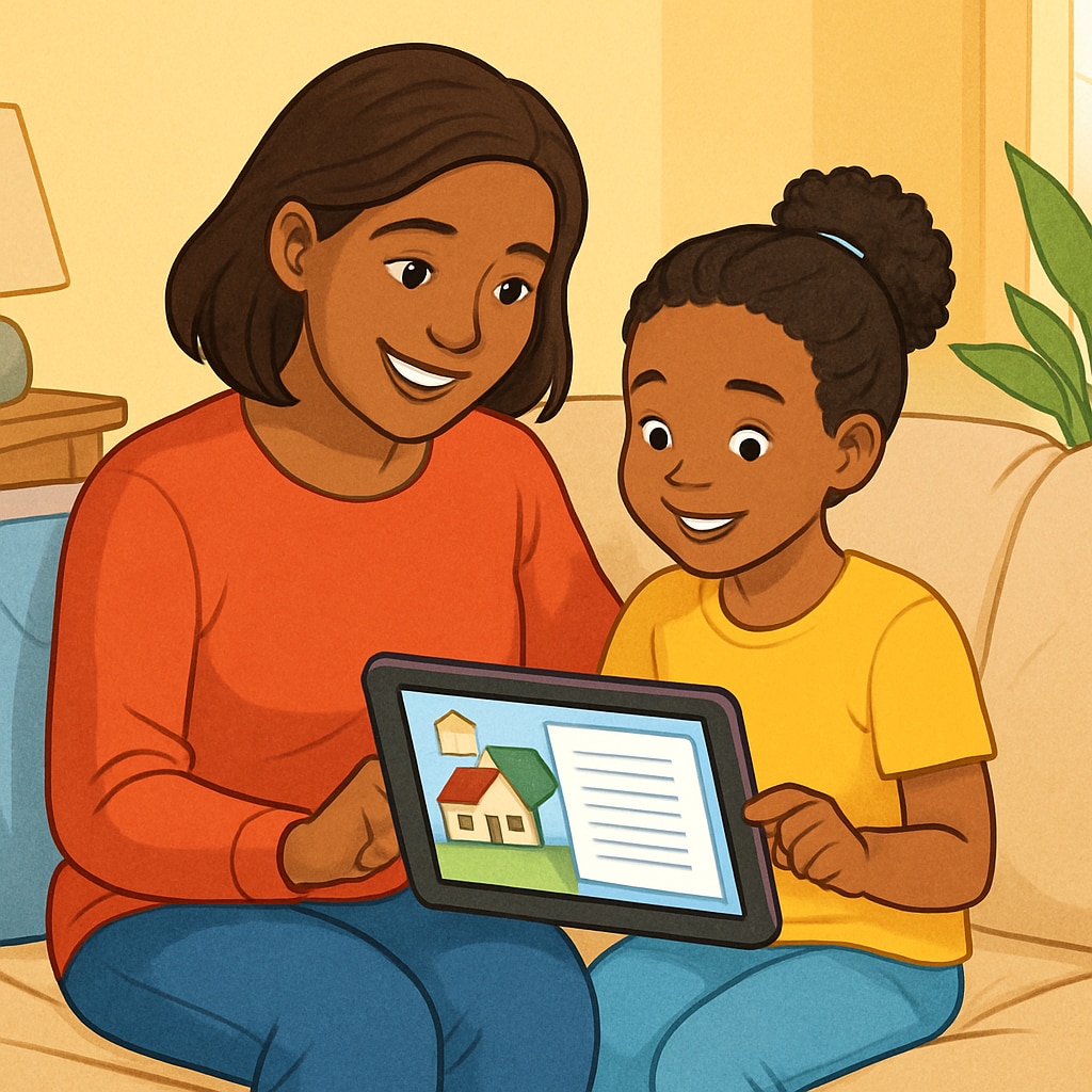 A smiling parent and child using a tablet to read a storybook together, symbolizing family engagement with digital reading tools. Parent and child reading a digital storybook on a tablet to explore children's reading apps.