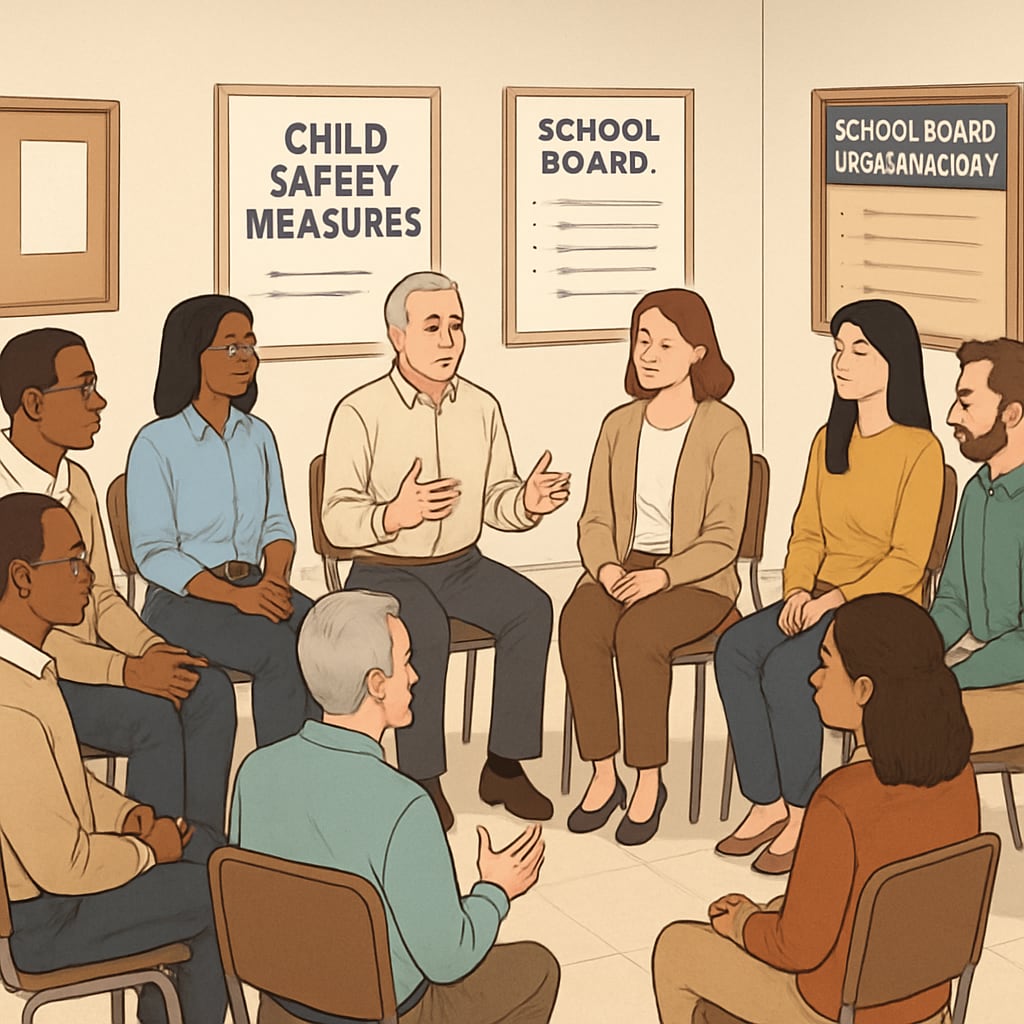 A community forum where residents discuss child safety measures and school board transparency. Community members advocating child protection policies in a local forum.