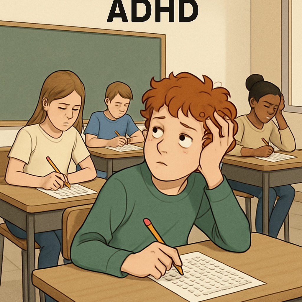 A classroom with students taking a standardized test, emphasizing the challenges faced by ADHD students. Students in a classroom taking standardized tests, representing the barriers ADHD students face.