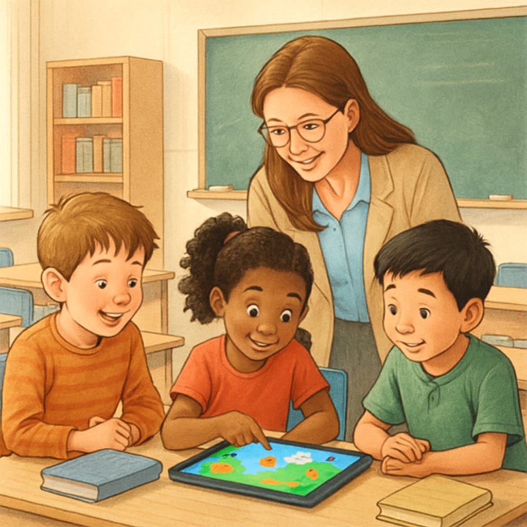 A classroom setting where a teacher and students explore a storybook app on a tablet, showcasing educational use. Teacher and students interacting with a storybook app in a classroom to evaluate its educational features.