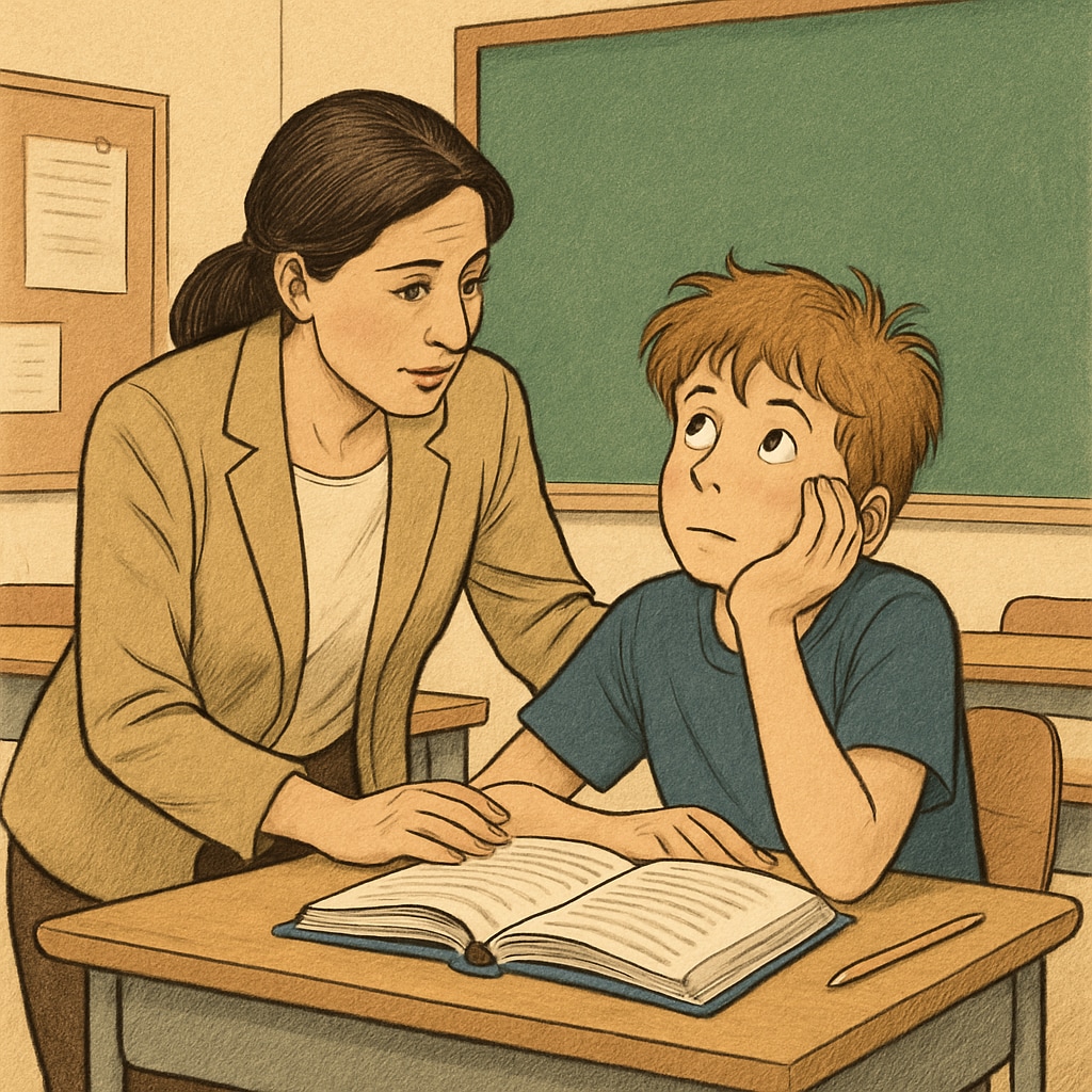 A teacher engaging with a student who appears distracted, symbolizing the challenges ADHD students face in traditional classrooms. A teacher helping a distracted student, illustrating ADHD-related learning challenges.