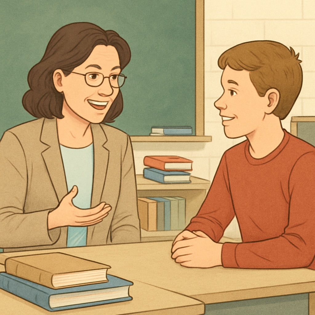 A school counselor interacting with a student in a classroom setting. School counselor discussing academic progress with a student.
