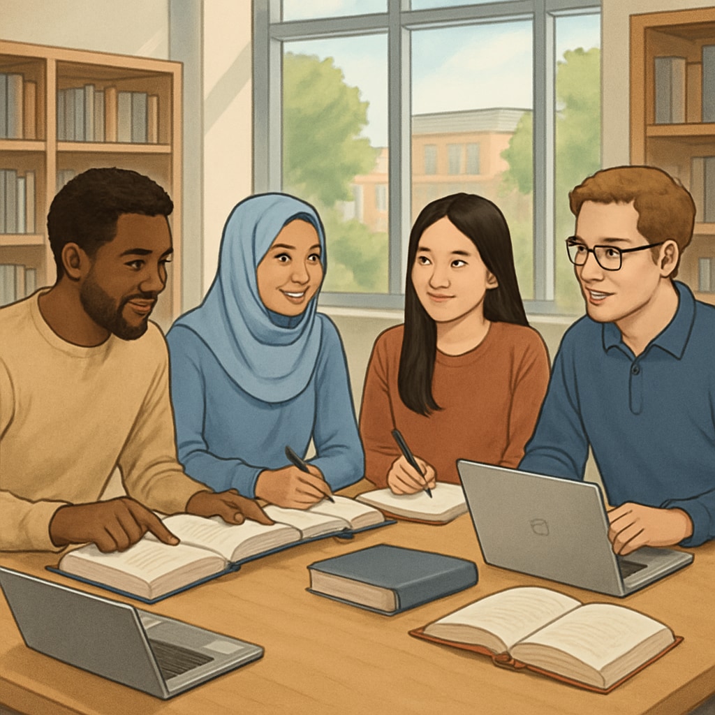 A group of international students studying together on a U.S. college campus, representing diversity and academic collaboration. International students discussing coursework on a U.S. campus.