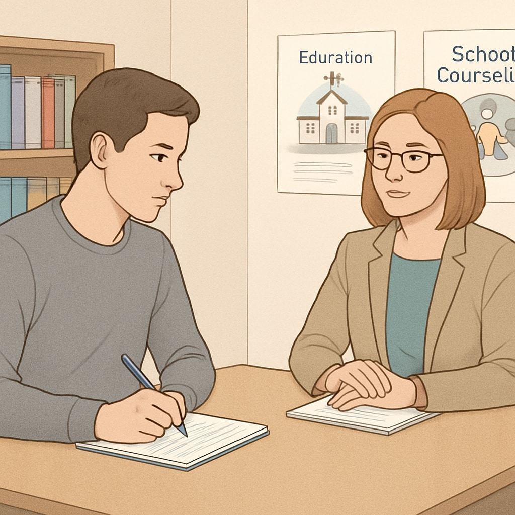 A graduate student taking notes during an interview with a school counselor. Graduate student conducting an interview with a school counselor.