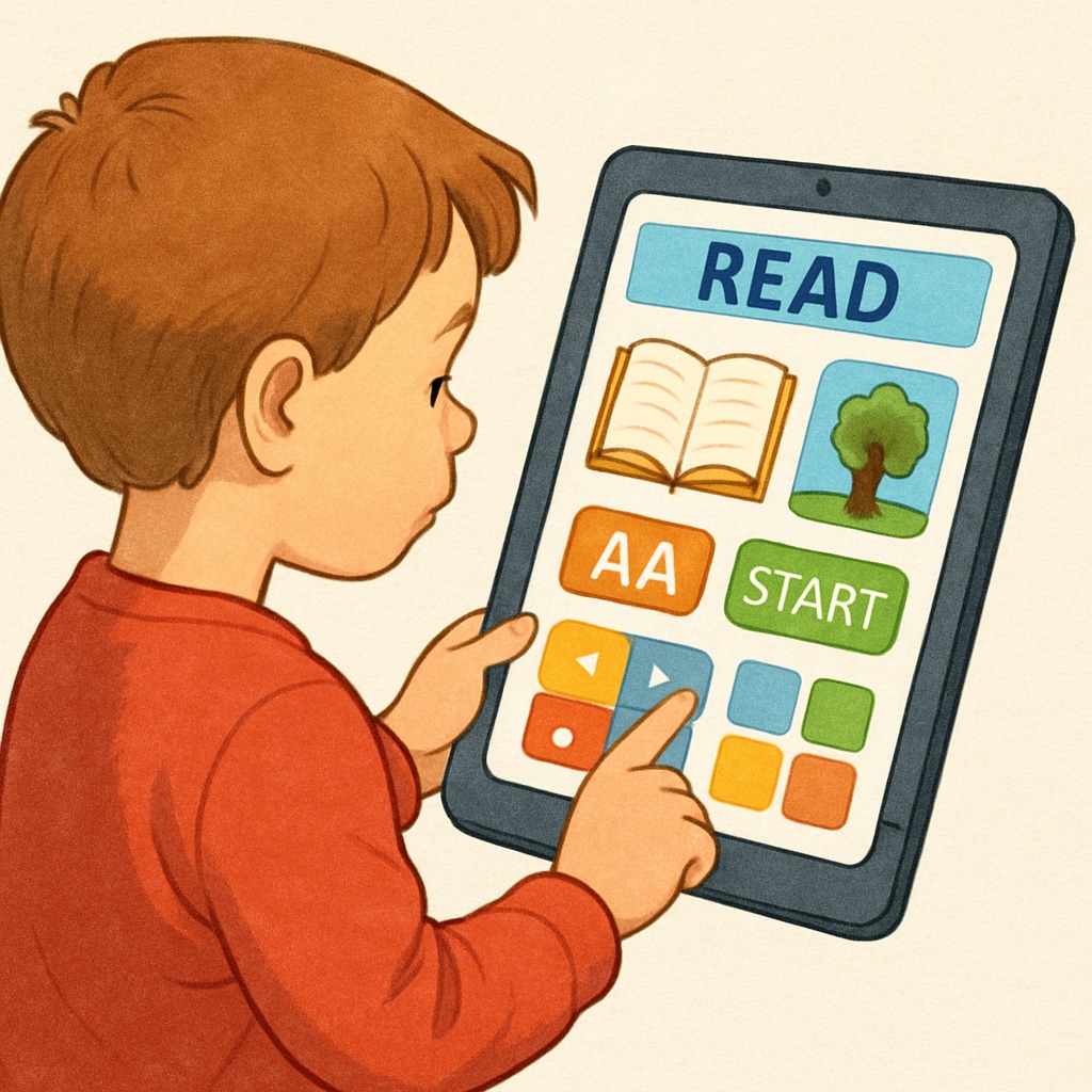 A child interacting with a colorful and interactive reading app interface on a tablet. Child using a children's reading app on a tablet.