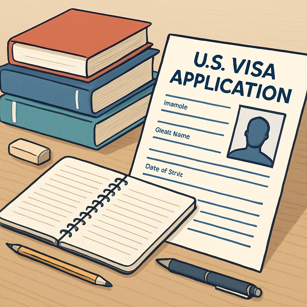 A U.S. visa application form alongside study materials, symbolizing the preparation required for studying abroad. U.S. visa application with study materials for international students.