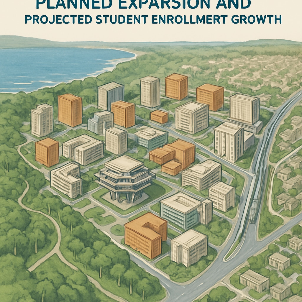 Aerial view of UC San Diego campus, showcasing the university's planned expansion and student enrollment growth. UC San Diego campus expansion reflecting increased enrollment goals