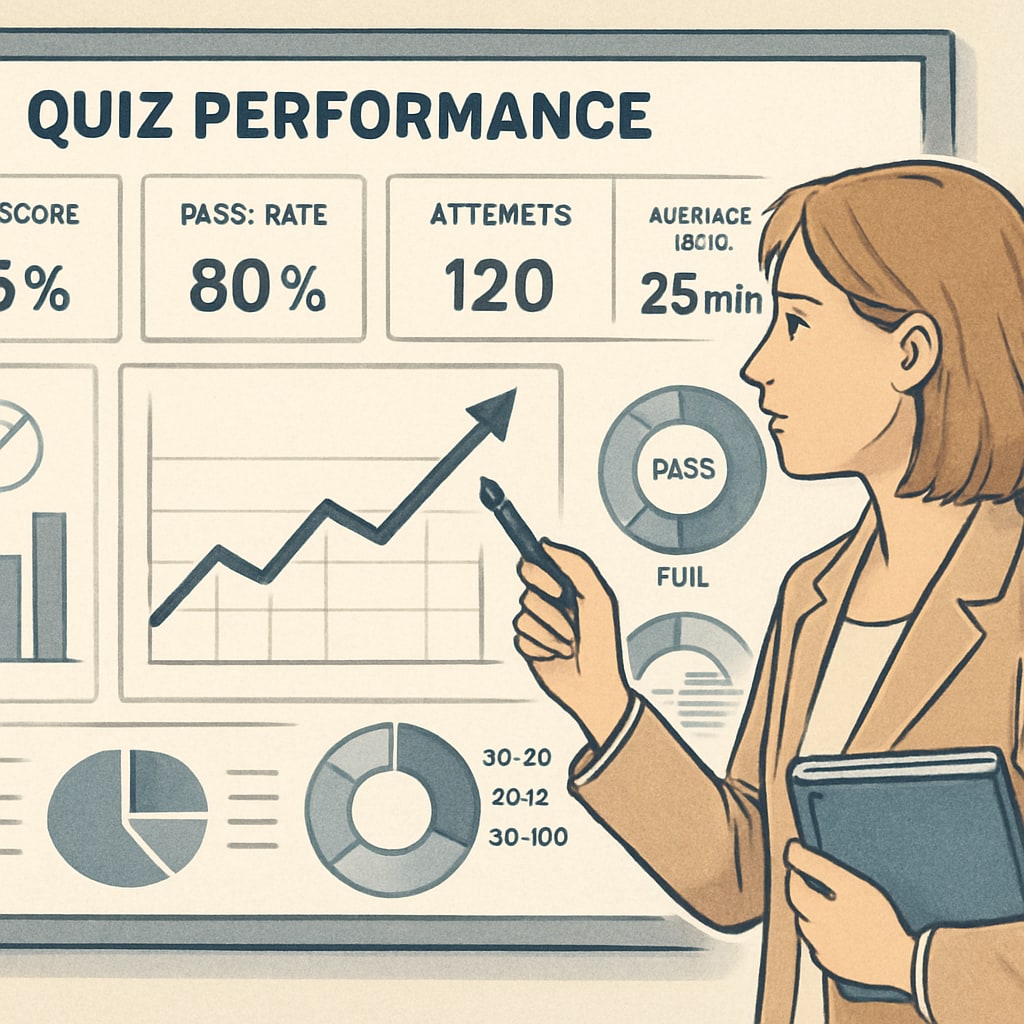 A teacher reviewing quiz analytics on a dashboard, showcasing how data insights can improve student assessment strategies. Teacher analyzing quiz data for student performance improvement
